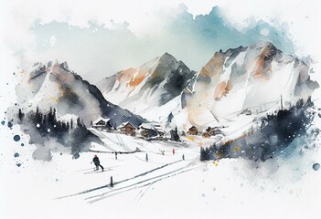 A ski resort with snow, mountains, and skiers, watercolor style, Generative AI
