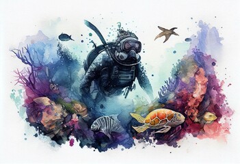 Fototapeta na wymiar A scuba diving excursion with underwater creatures, watercolor style, Generative AI