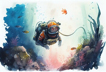 A scuba diving excursion with underwater creatures, watercolor style, Generative AI