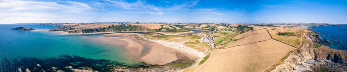 Aerial view of Bantham Beach and River Avon from a drone, South Hams, Devon, England 	 - obrazy, fototapety, plakaty