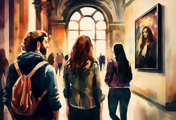 Fototapeta premium A cultural trip to a famous museum, watercolor style, Generative AI
