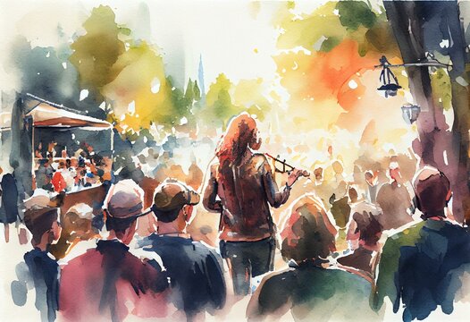 A music festival with a crowd and live performers, watercolor style, Generative AI