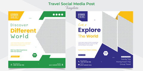 Fototapeta premium Travel and tour square flyer post banner and social media post template design set 