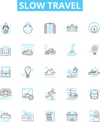 Slow travel vector line icons set. Slow, Travel, Sustainable, Ecotourism, Responsible, Community-based, Local illustration outline concept symbols and signs