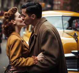 female and male couple in vintage 1940s years style kissing on the street, created with Generative AI Technology