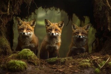 Obraz premium 3 little red foxes in the woods - generative AI
