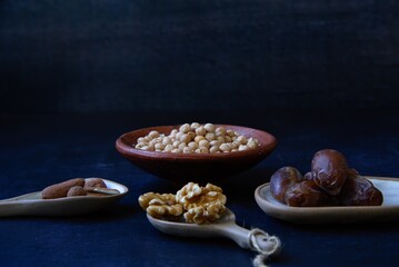 Dates, almonds, walnuts. Dried fruits.