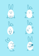 Set of funny bunnies. Great characters for illustrations. Egg-shaped bunnies with linear details.
