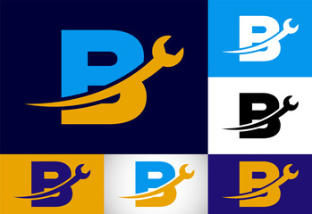 Graphic alphabet B with wrench. Logo for mechanical, technology, repair service , automotive business