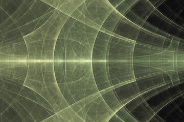 Green pattern of curved shapes and rays on a black background. Abstract fractal 3D rendering
