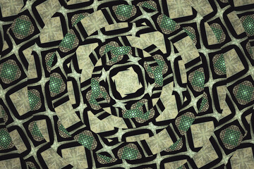 Green broken round pattern of curved shapes on a black background. Abstract fractal 3D rendering
