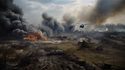A harrowing war scene unfolds, captured in a strikingly realistic high-resolution photograph. In the distance, a helicopter has just been shot down