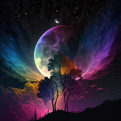 Fototapeta na wymiar Beautiful fantasy night, beautiful moon, stars, colors, northers Lighs (AI Generative)