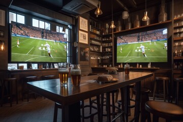 Preparation for watching the sport game.Cooled glass of beer with condensate on the wooden table. Blurred bar at the background Generative AI