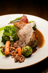 view on dish of appetizing piece of baked meat with buckwheat and vegetables on plate