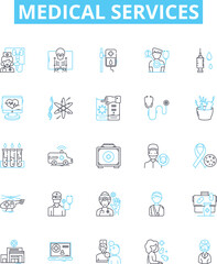 Fototapeta premium Medical services vector line icons set. Medicine, Health, Treatment, Surgery, Care, Tests, Hospitals illustration outline concept symbols and signs