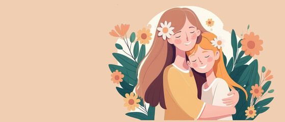 Happy Mother’s Day concept. Relationship between mother and daughter. Greeting template, space for text