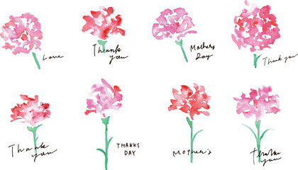 水彩画。母の日の赤いカーネーションのベクターイラストセット。手描きのメッセージ。Watercolor. Vector illustration set of red carnations for Mother's Day. Hand drawn message.