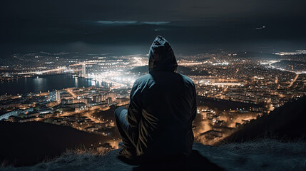 silhouette of a person looking at the city created with Generative AI technology