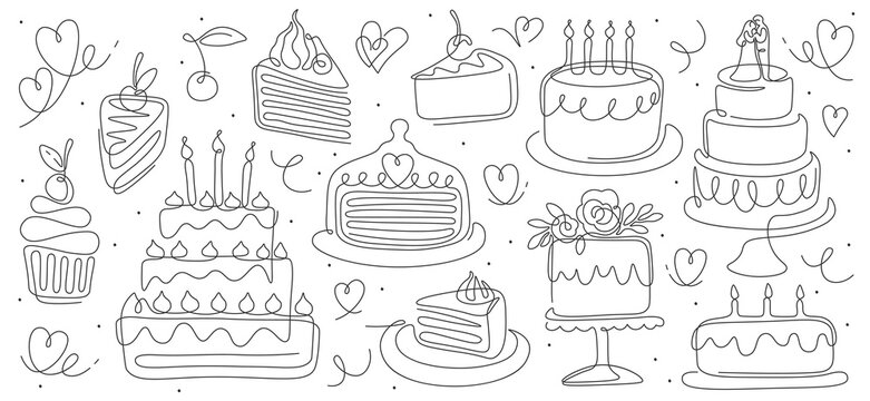 Birthday cakes in line art. Continuous arts of bakery, cupcake with cream and piece of pie