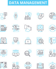 Data management vector line icons set. Data, Management, Storage, Organization, Retrieval, Analysis, Integration illustration outline concept symbols and signs