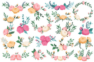 Flower arrangements with roses flat illustrations set. Roses, cotton, inflorescence, green branches for decor bouquets