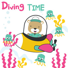 Obraz premium Diving with funny bear driving submarine. Creative vector childish background for fabric, textile, nursery wallpaper, poster, card, brochure. vector illustration background.