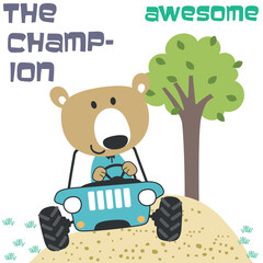 Vector illustration of cute little bear on a off road car go to forest, Can be used for t-shirt print, kids wear, invitation card. fabric, textile, nursery wallpaper, poster and other decoration.