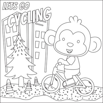 Cute little monkey riding bicycle. Trendy children graphic with line art design hand drawing sketch vector illustration for adult and kids coloring book.