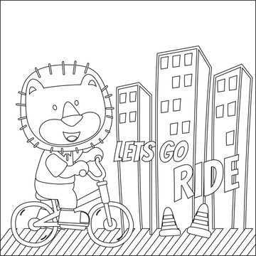 Cute little lion riding bicycle. Trendy children graphic with line art design hand drawing sketch vector illustration for adult and kids coloring book.