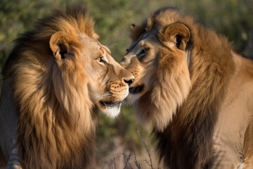 Fototapeta na wymiar Male Lions Affectionatly Greeting 1 Generative AI