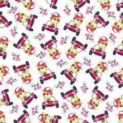 Obraz premium Seamless pattern vector of off road car with animal driver. Creative vector childish background for fabric textile, nursery background, baby clothes, poster, wrapping paper and other decoration.