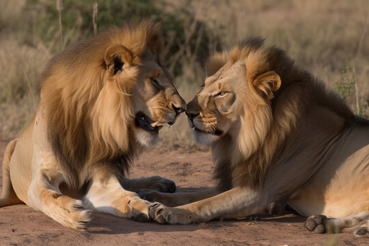 Male Lions Affectionatly Greeting 2 Generative AI