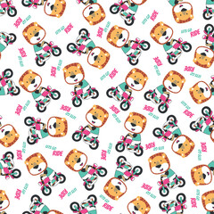 Seamless pattern texture with Cute little lion Riding motorcycle, Cartoon Vector Icon Illustration. For fabric textile, nursery, baby clothes, background, textile, wrapping paper and other decoration.