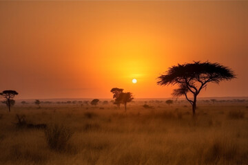 Fototapeta na wymiar Sunrise in the wild African savannah 2 Generative AI