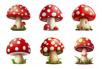 Cartoon fly agaric mushrooms on a white background, isolated mushrooms with red caps and white dots. Fly agaric, beautiful cartoon mushrooms. Vector