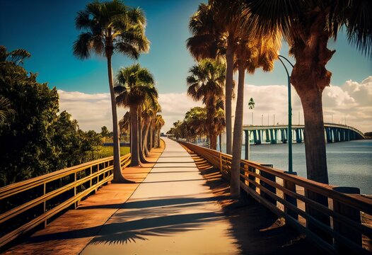 Fort Pierce, St. Lucie County, Florida, Waterfront walkway lined with palm trees along Indian River Drive. Sunny day, bridge in the background. Near downtown Fort Pierce. Generative AI