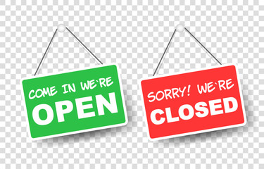open and closed signboard..come in we're open and closed in signboard.opening doors and closing doors.vector,  - obrazy, fototapety, plakaty