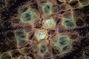 Orange green pattern of curved waves and spheres on a black background. Abstract fractal 3D rendering