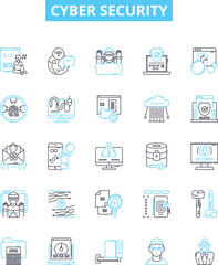 Cyber security vector line icons set. Cybersecurity, Cybercrime, Hacking, Encryption, Firewalls, Antivirus, Patching illustration outline concept symbols and signs