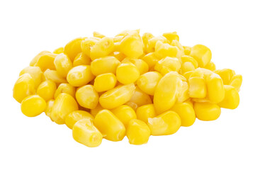 Grains of pickled canned corn are isolated on a white background. 