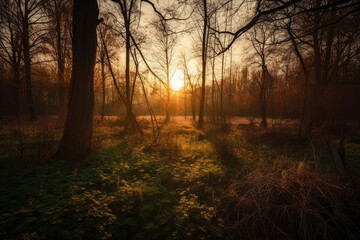 Sonnenaufgang/Sonnenuntergang im Wald im Frühling
