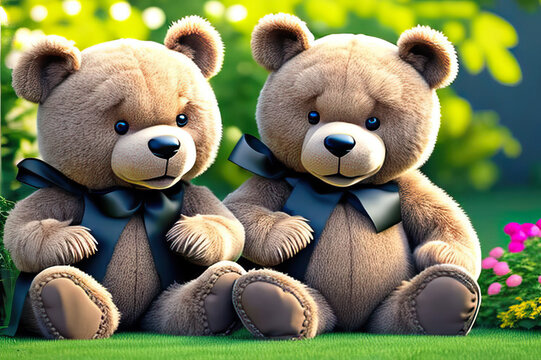 Two teddy bears sitting in a beautiful garden, both wearing black bow-ties. Generative AI