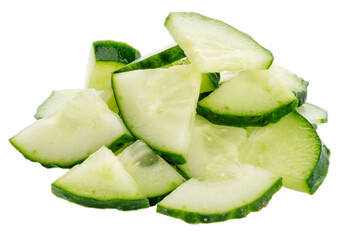 Slices of chopped fresh cucumber are isolated on a white background. 