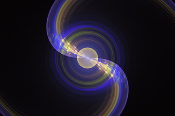 Blue orange swirling pattern of crooked waves on a black background. Abstract fractal 3D rendering