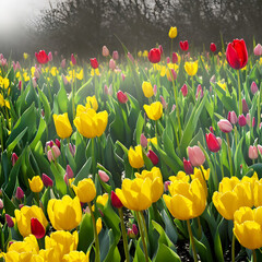 Red And Yellow Tulips in the garden for the spring time blooming season Generative Art