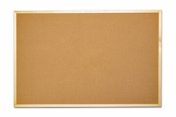 Empty cork board with wooden frame on white background.