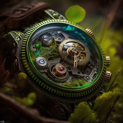 Fototapeta na wymiar Vintage Wristwatch Resting on an Old Rough Fieldstone in a Forest Setting 