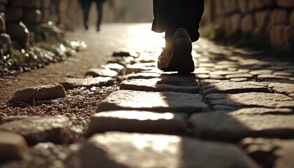 A Journey Through Time with a Person Taking a Stroll on an Old Stone-Cobbled Street in Antique City Generated by AI