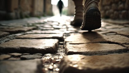 A Journey Through Time with a Person Taking a Stroll on an Old Stone-Cobbled Street in Antique City Generated by AI